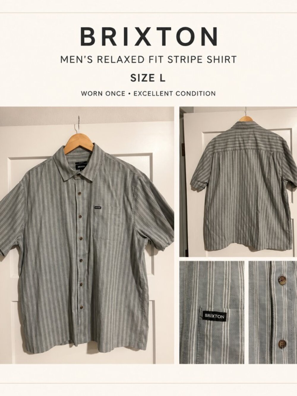 Brixton Men’s Relaxed Fit Blue White Stripe Short Sleeve Shirt Size L